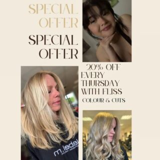 ✨OFFER✨
20% Discount

Every Thursday with Fliss for colour & cut
(Both service's together)

(Must come for patch test)